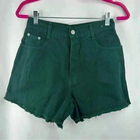 Vintage Steel Jeans High Waist Green Cotton Denim Shorts Made In USA Size 11 - Picture 1 of 12